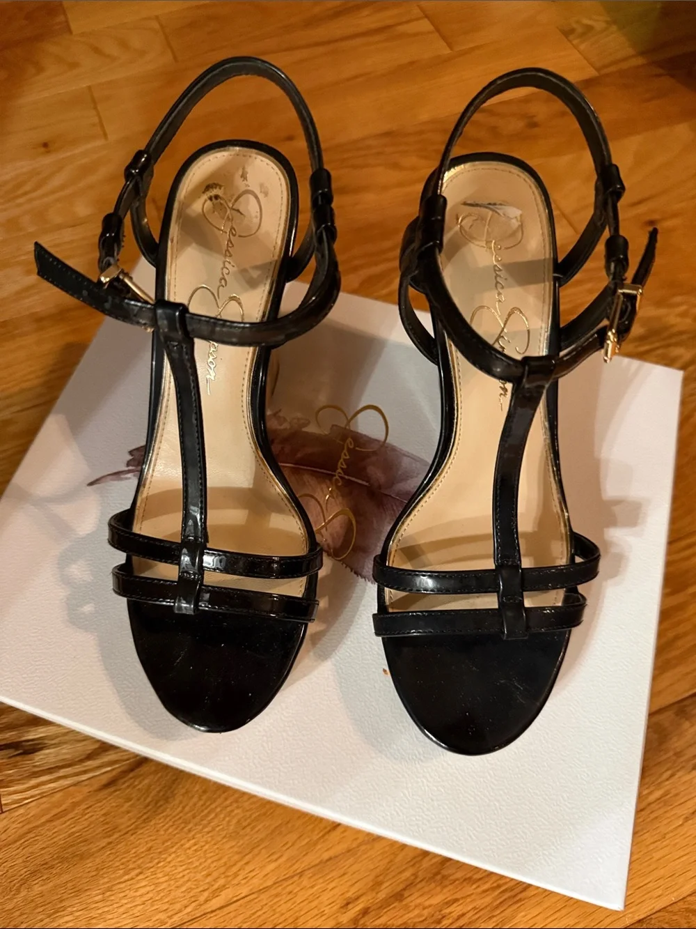 Jessica Simpson Black Patent Cork Wedge Sandals